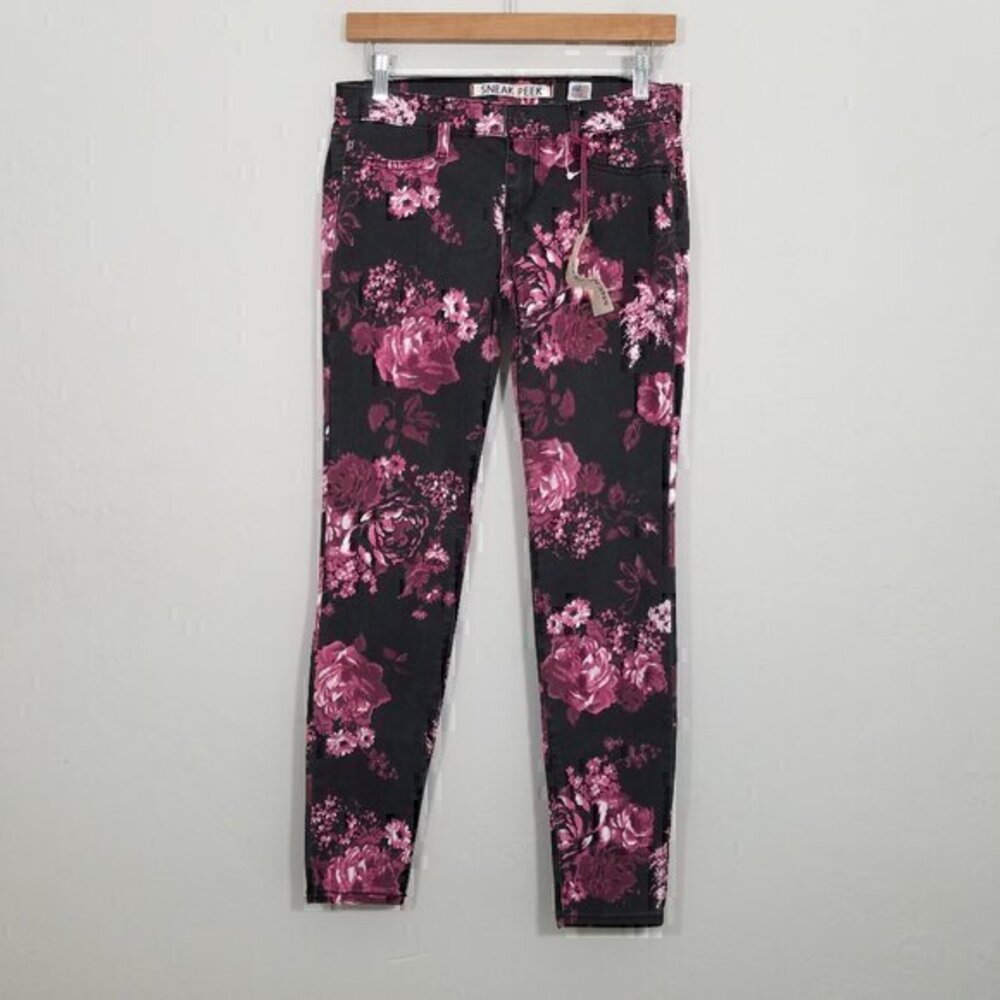 NWT Sneak Peek Floral Skinny Floral Jeans Stretch Black and Pink Pants Size 7